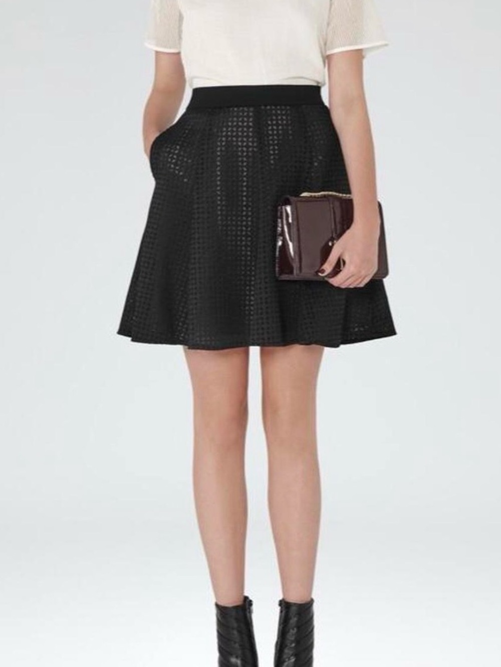 Reiss Sonoma black flared mini skirt blush unique mesh eyelet skater US 8 luxury